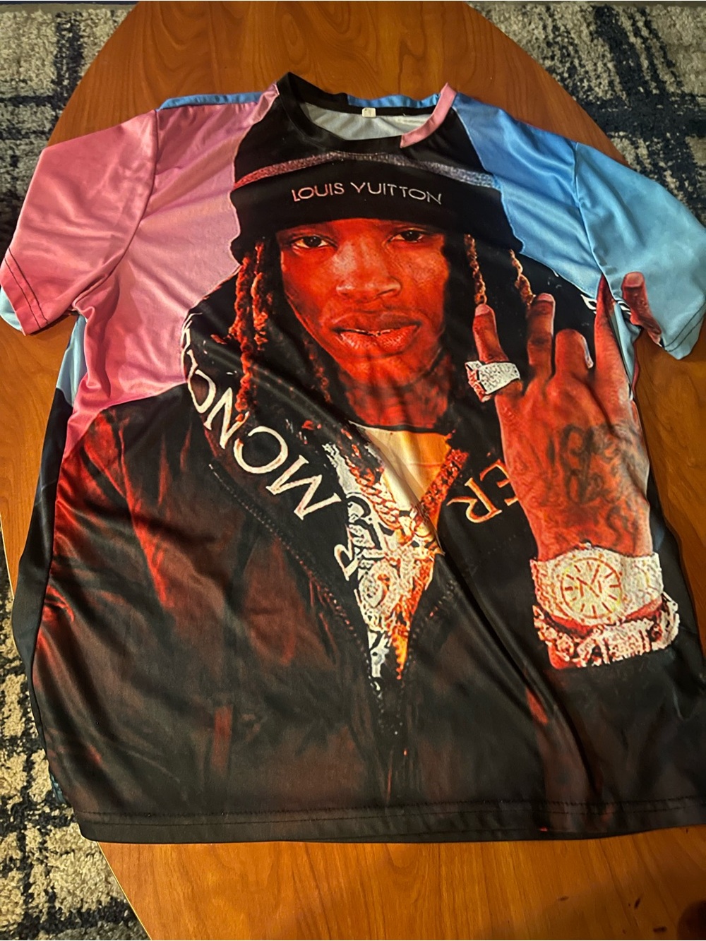 King Von  Tee with Pink and Blue Shoulder Panels and Graphic Portrait